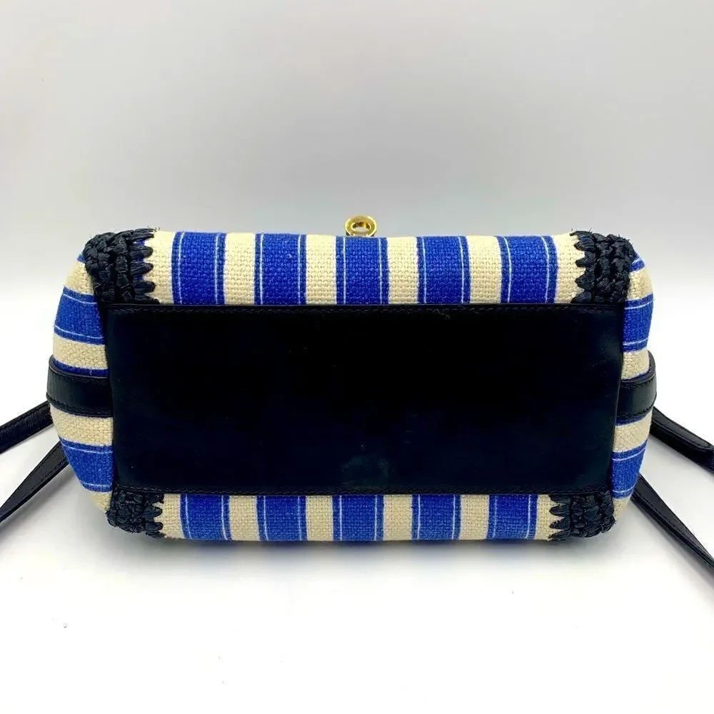 Auth Dolce & Gabbana Blue White Striped Canvas Raffia Handbag Lock Key Preloved